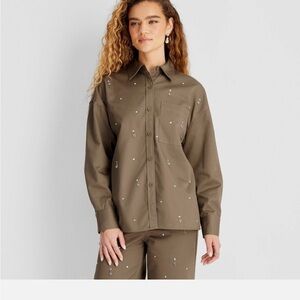 Target Future Collective Olive Button-Up Shirt with Embellishments